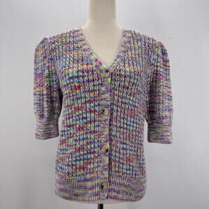 Women's Puff Short Sleeve Cardigan Knit Sweater Top Rainbow Cottagecore sz Large